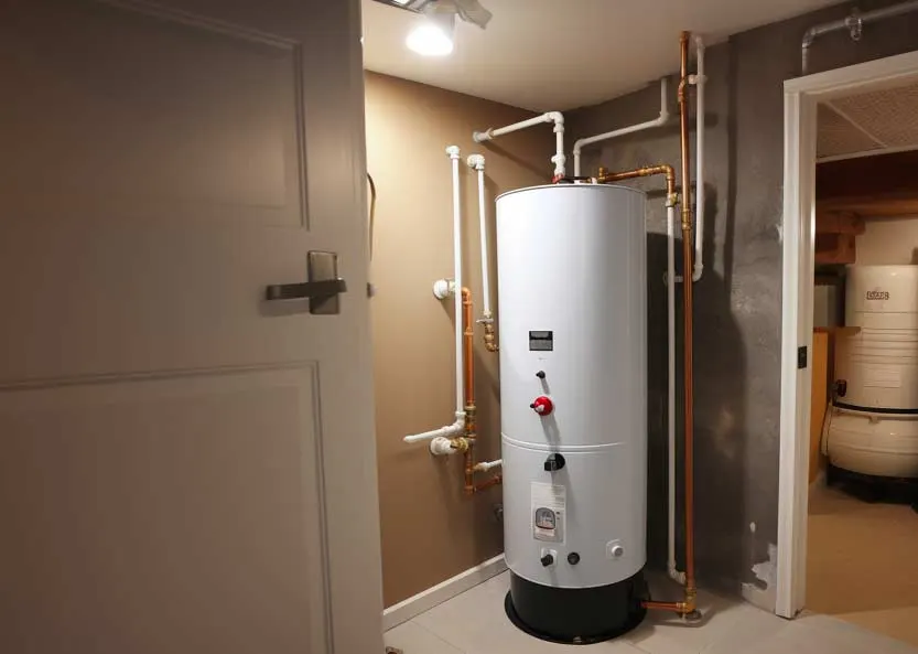 Residential gas water heater tank installed in a Dallas basement